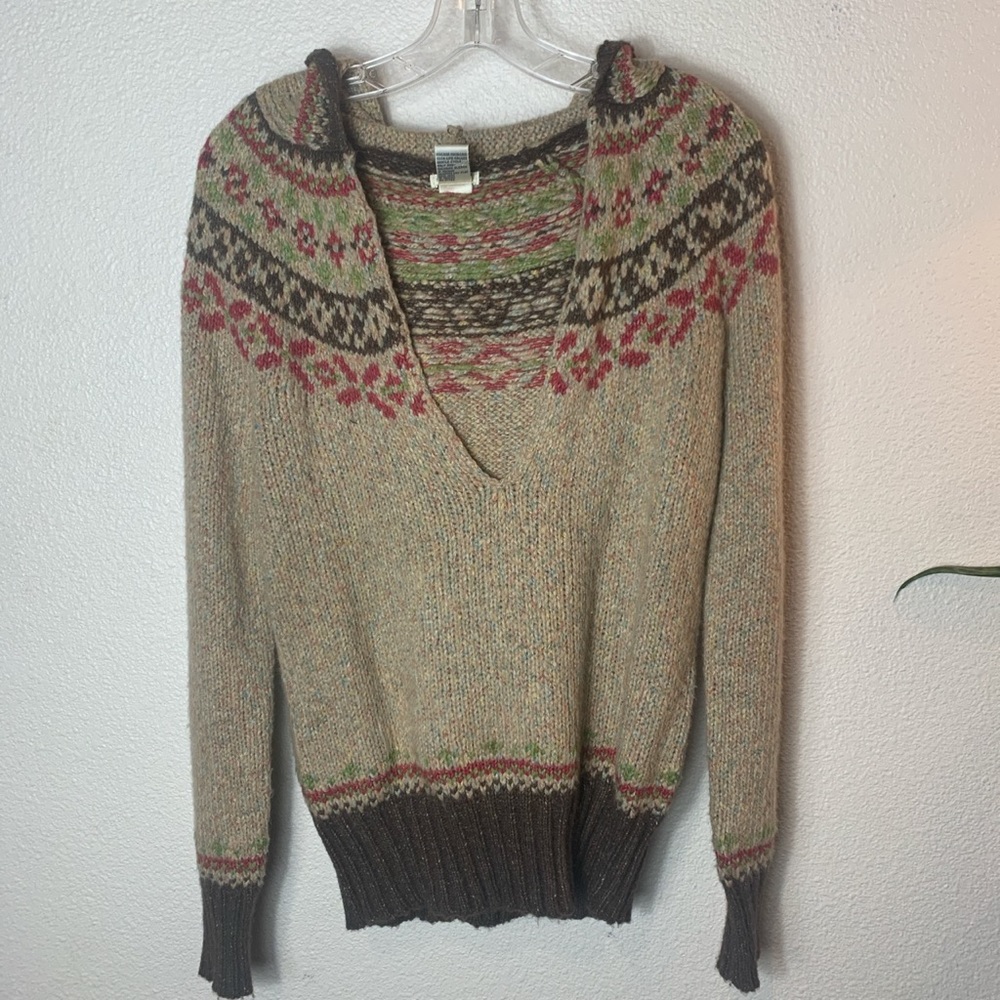 Vintage boho hooded pullover knit sweater cottage brown tan hoodie